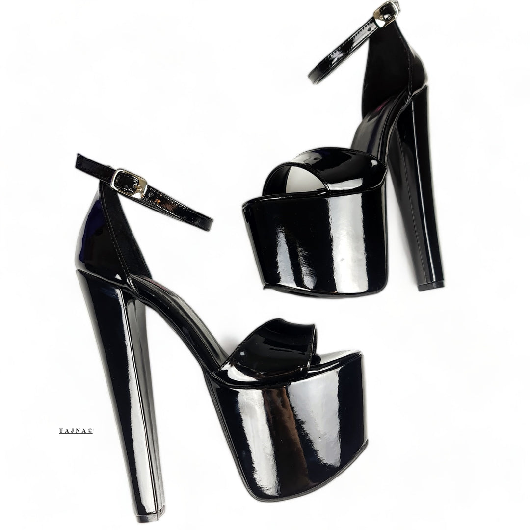 Black Gloss Thick High Heel Sandals