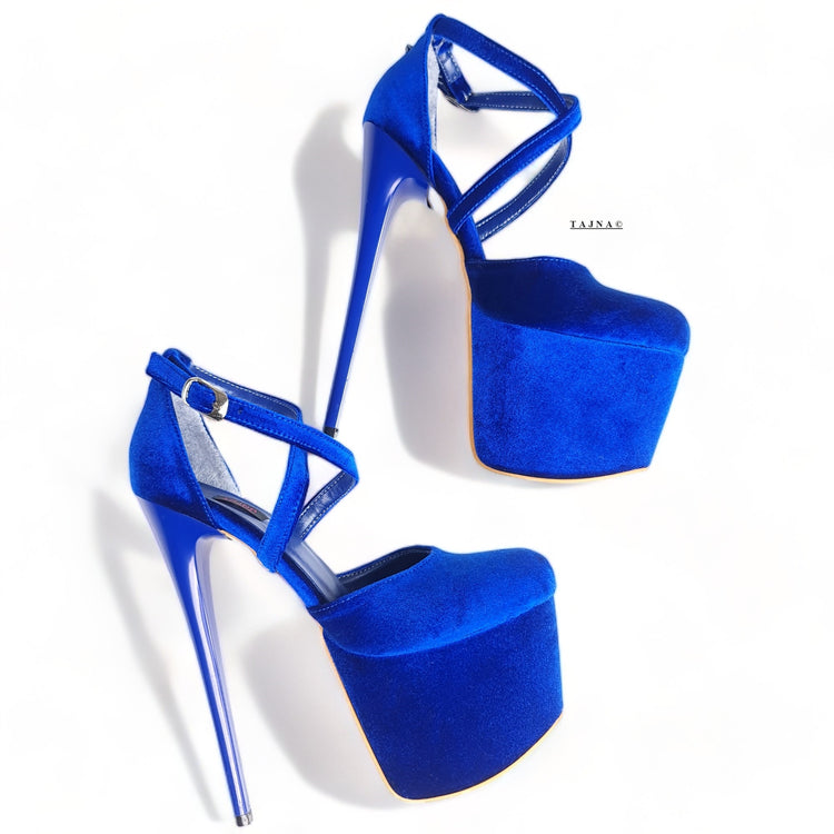 Royal Electric Blue Velvet  Ankle Strap High Heels