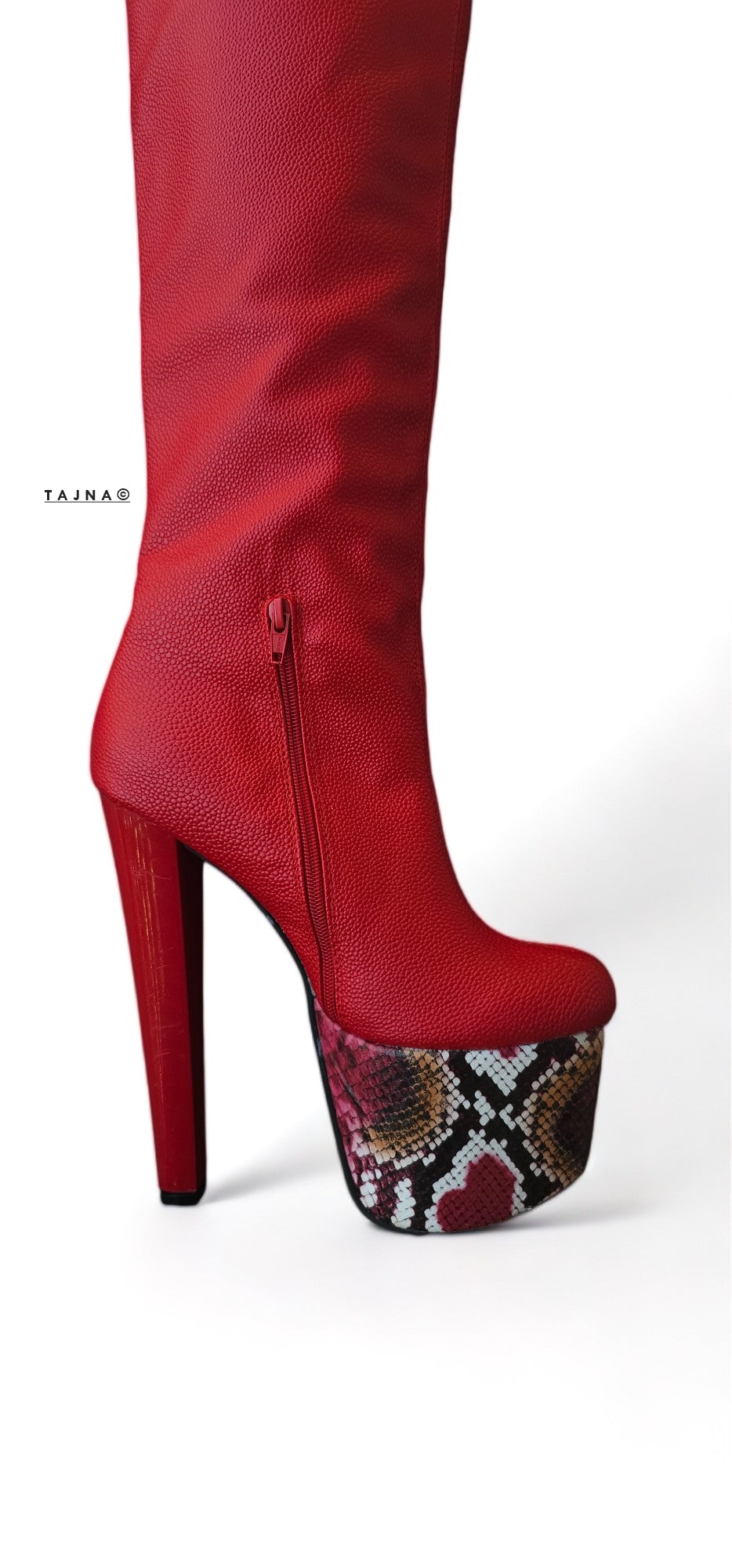 Red Knee High Snake Print Detailed High Heel Boots