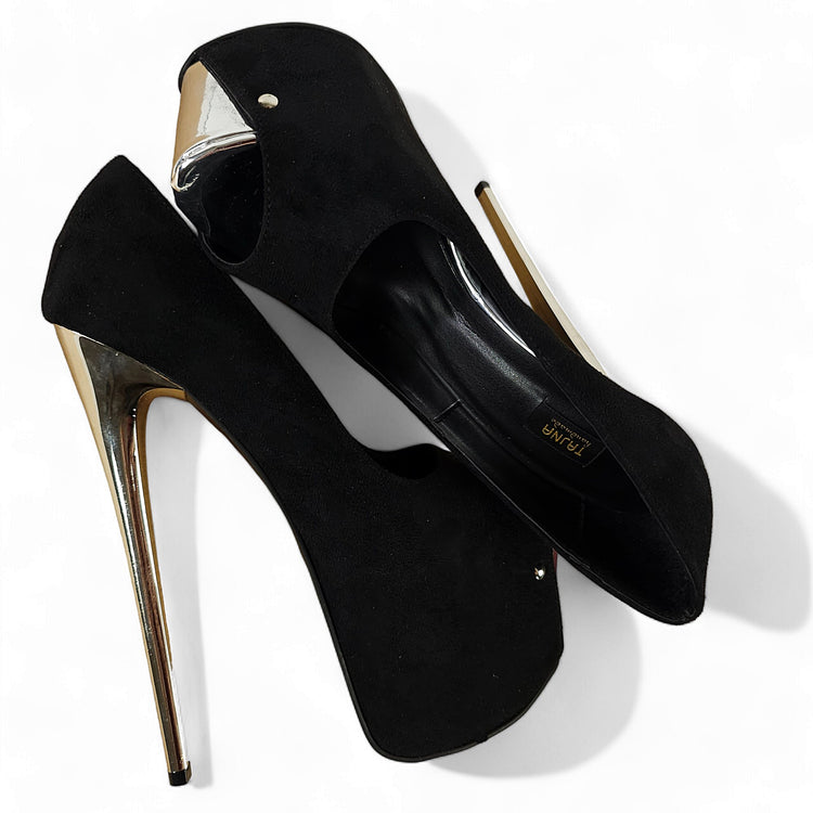 Black Suede Silver Detail Metallic Heels Open Toe