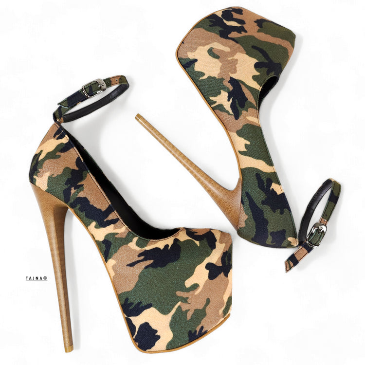 Camouflage Ankle Strap High Heel Pumps