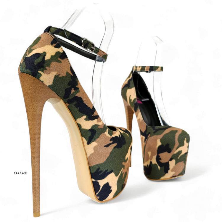 Camouflage Ankle Strap High Heel Pumps