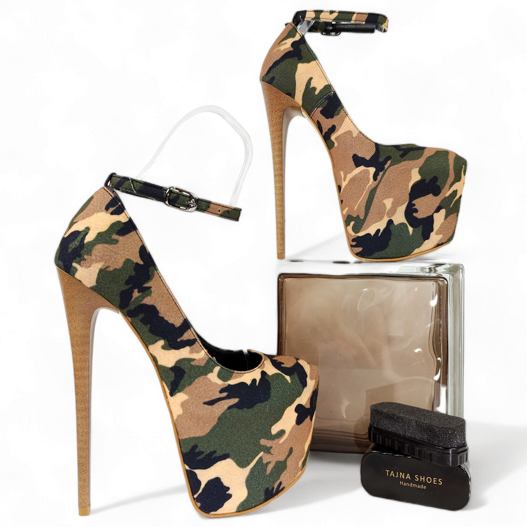 Camouflage Ankle Strap High Heel Pumps