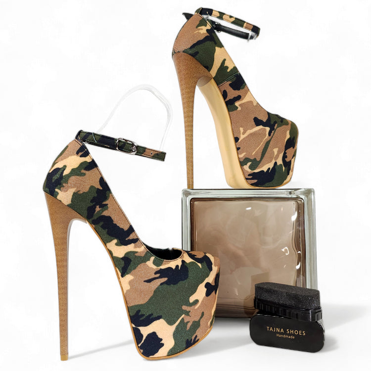 Camouflage Ankle Strap High Heel Pumps