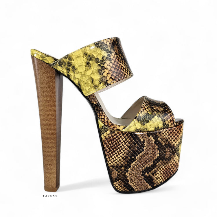 Double Strap Snake Print Platform Chunky Heel Mules