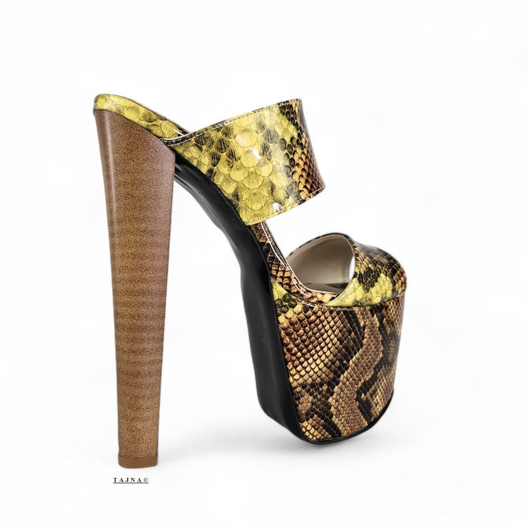 Double Strap Snake Print Platform Chunky Heel Mules