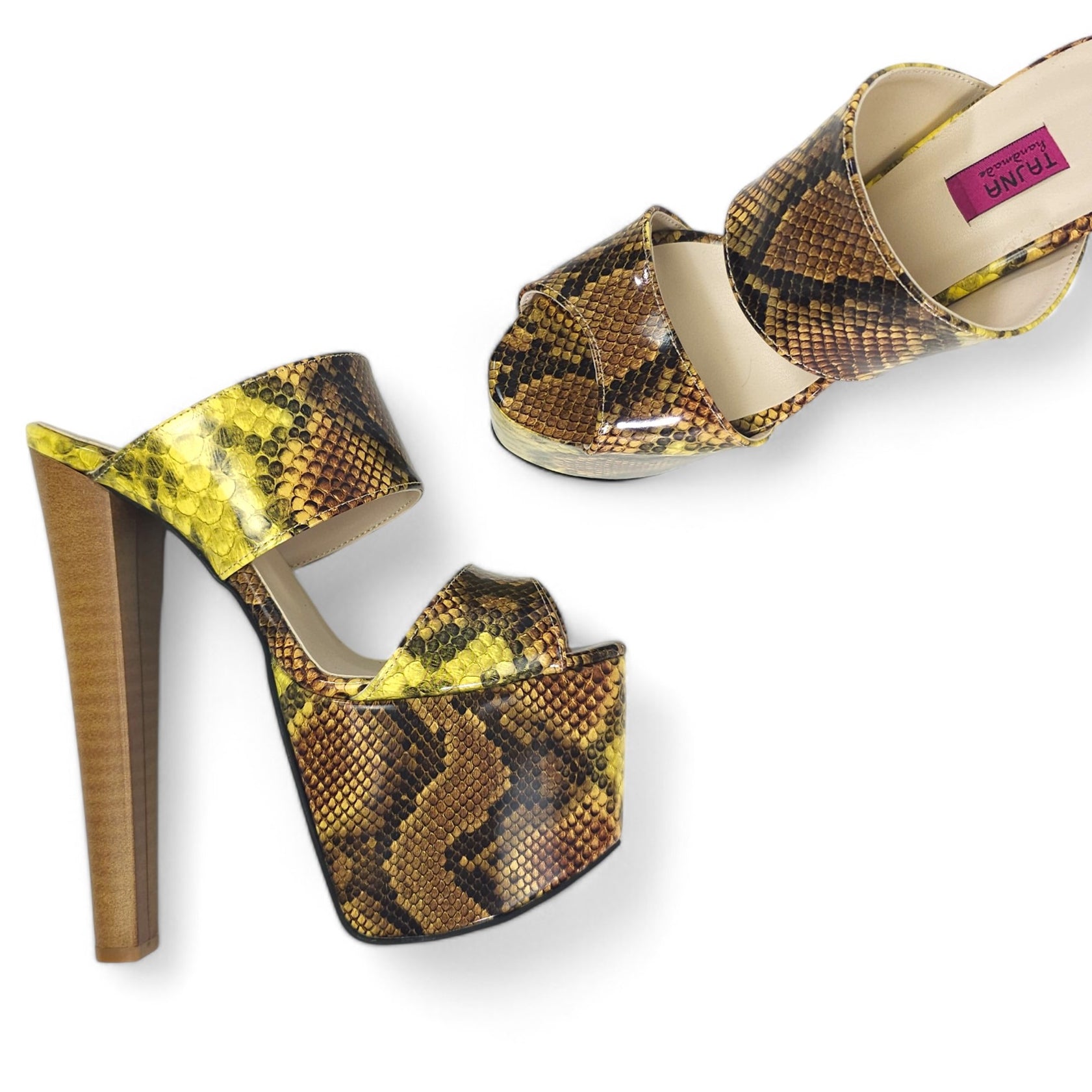 Double Strap Snake Print Platform Chunky Heel Mules