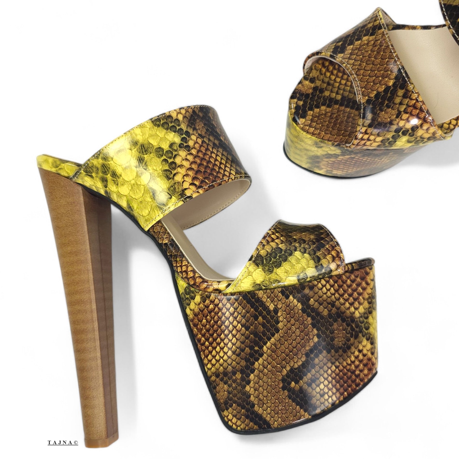 Double Strap Snake Print Platform Chunky Heel Mules