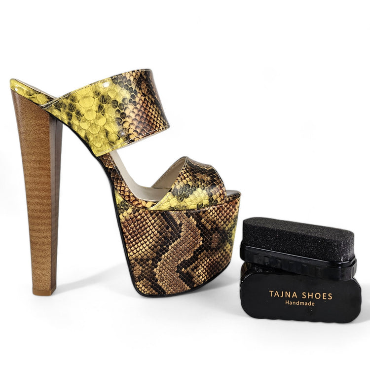 Double Strap Snake Print Platform Chunky Heel Mules