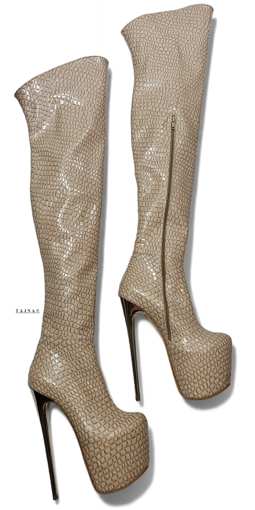 Beige Croco Print Over The Knee High Heel Boots