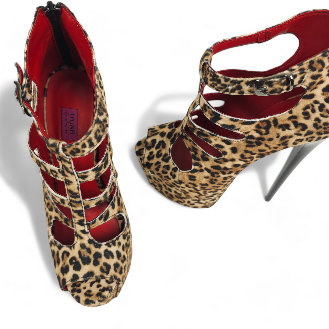 Leopard Print Cage Style Ankle Cut High Heels