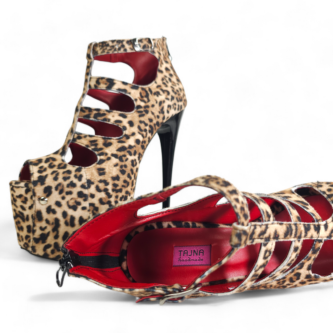 Leopard Print Cage Style Ankle Cut High Heels