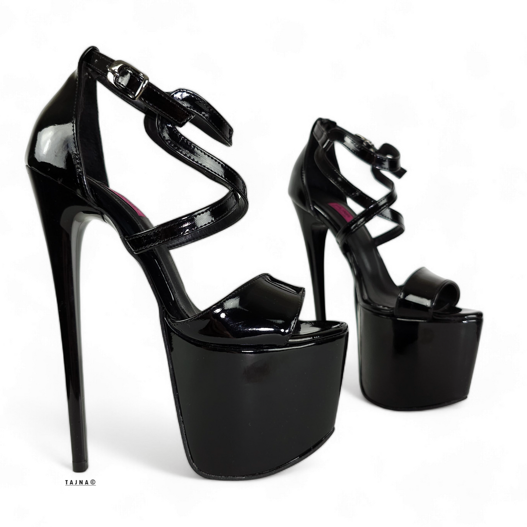 Black Gloss Designer Strap High Heel Sandals