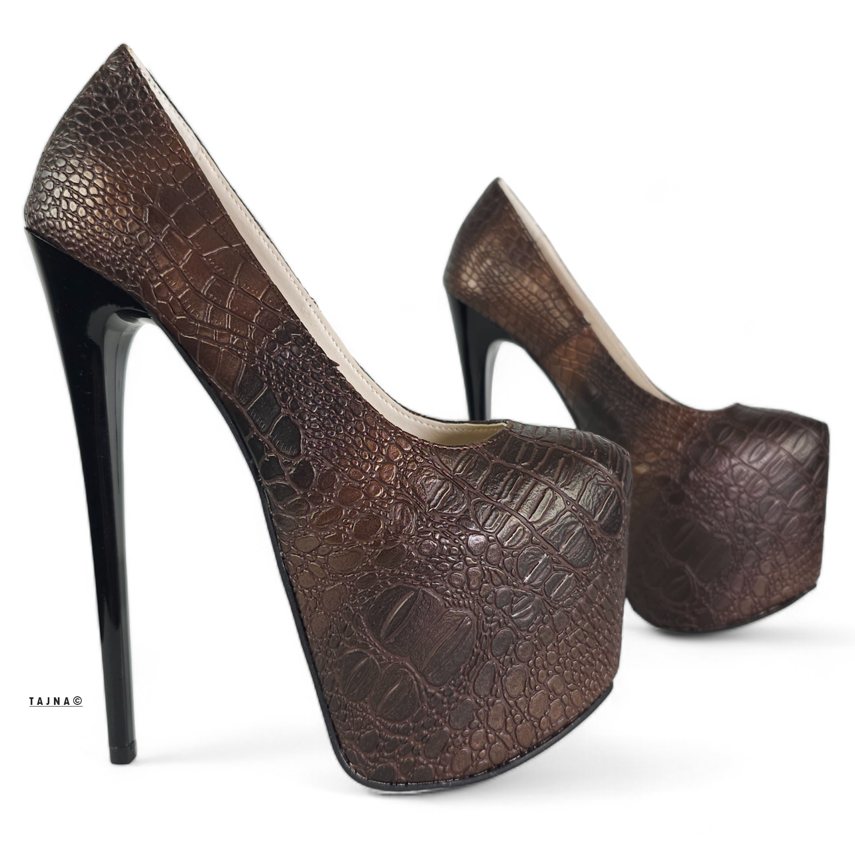 Brown Bronze Croco Print High Heel Pumps