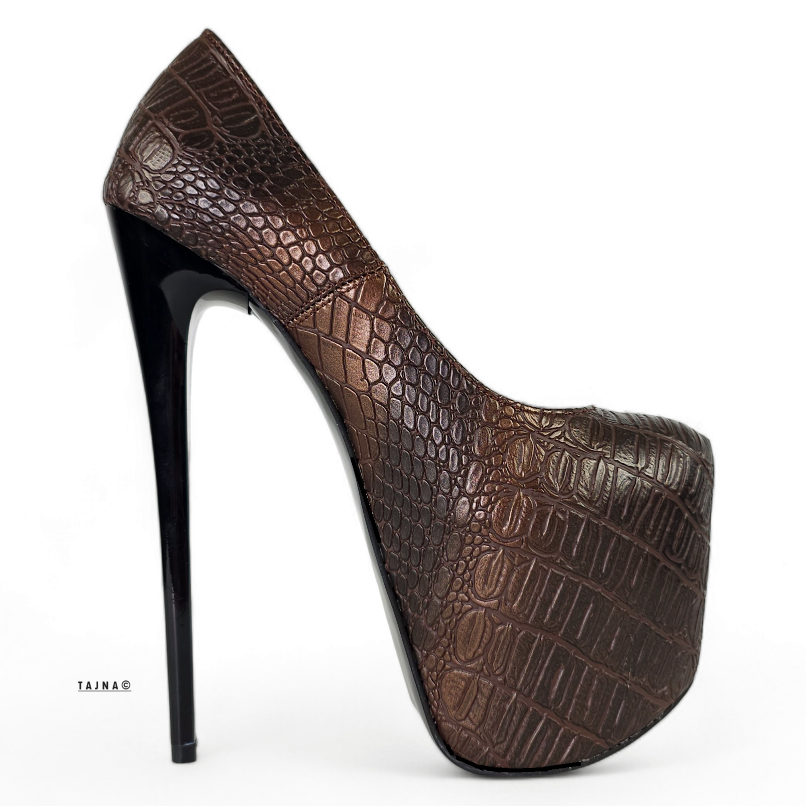 Brown Bronze Croco Print High Heel Pumps