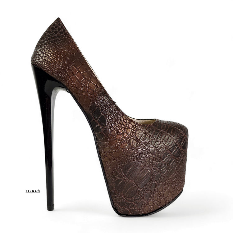 Brown Bronze Croco Print High Heel Pumps