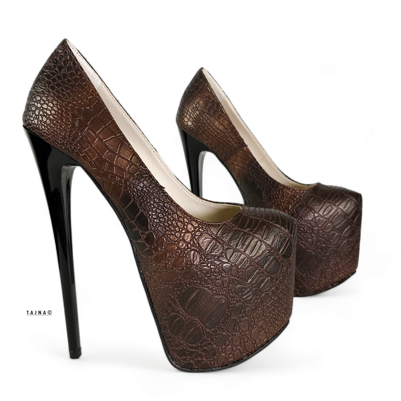 Brown Bronze Croco Print High Heel Pumps