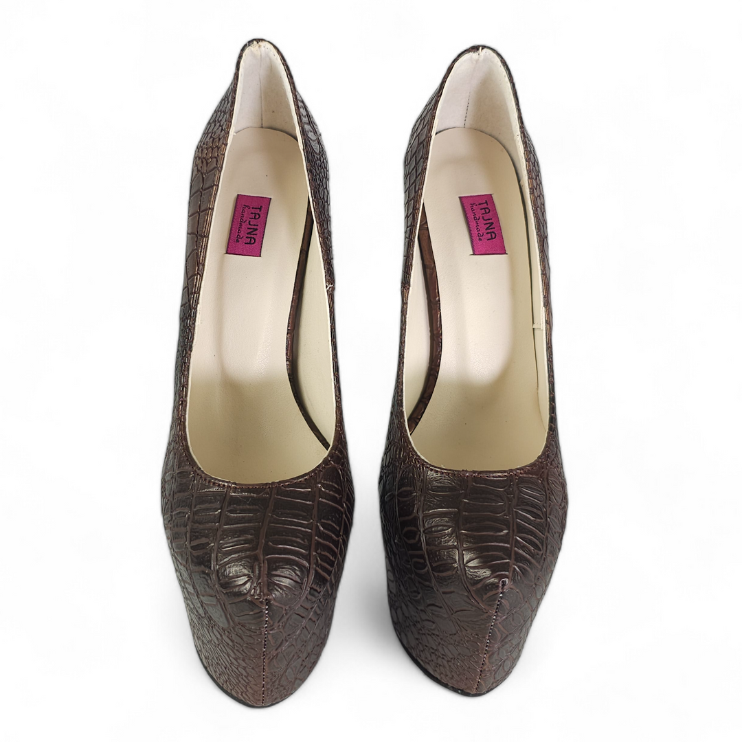 Brown Bronze Croco Print High Heel Pumps