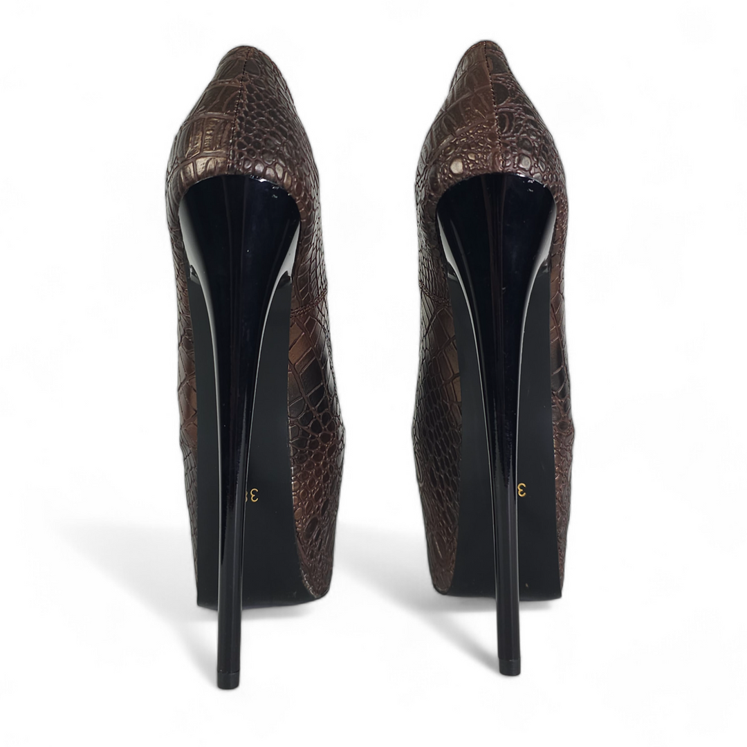 Brown Bronze Croco Print High Heel Pumps