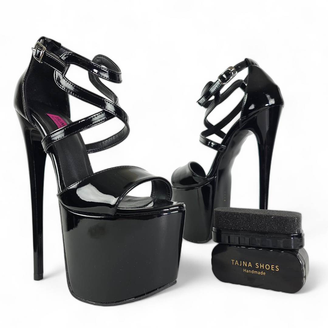 Black Gloss Designer Strap High Heel Sandals