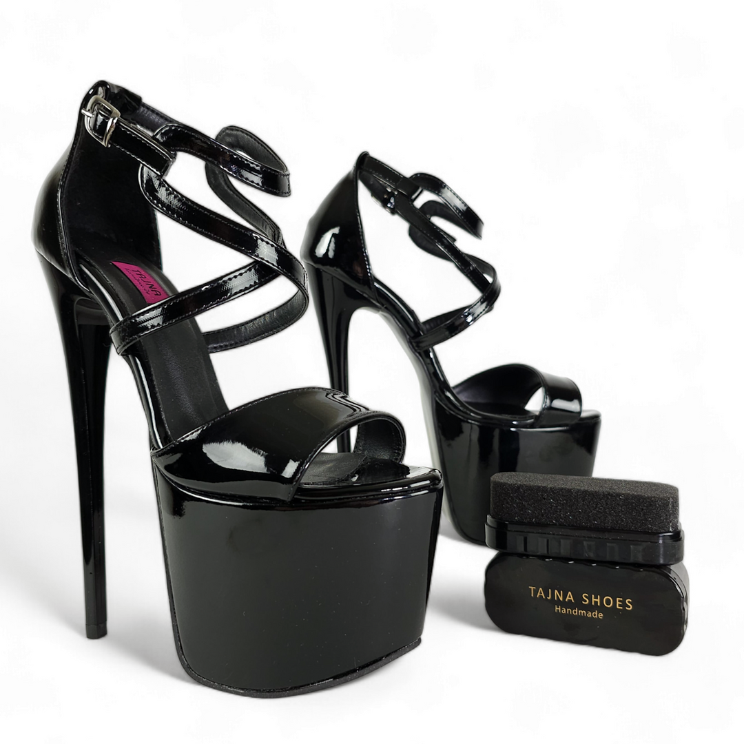 Black Gloss Designer Strap High Heel Sandals