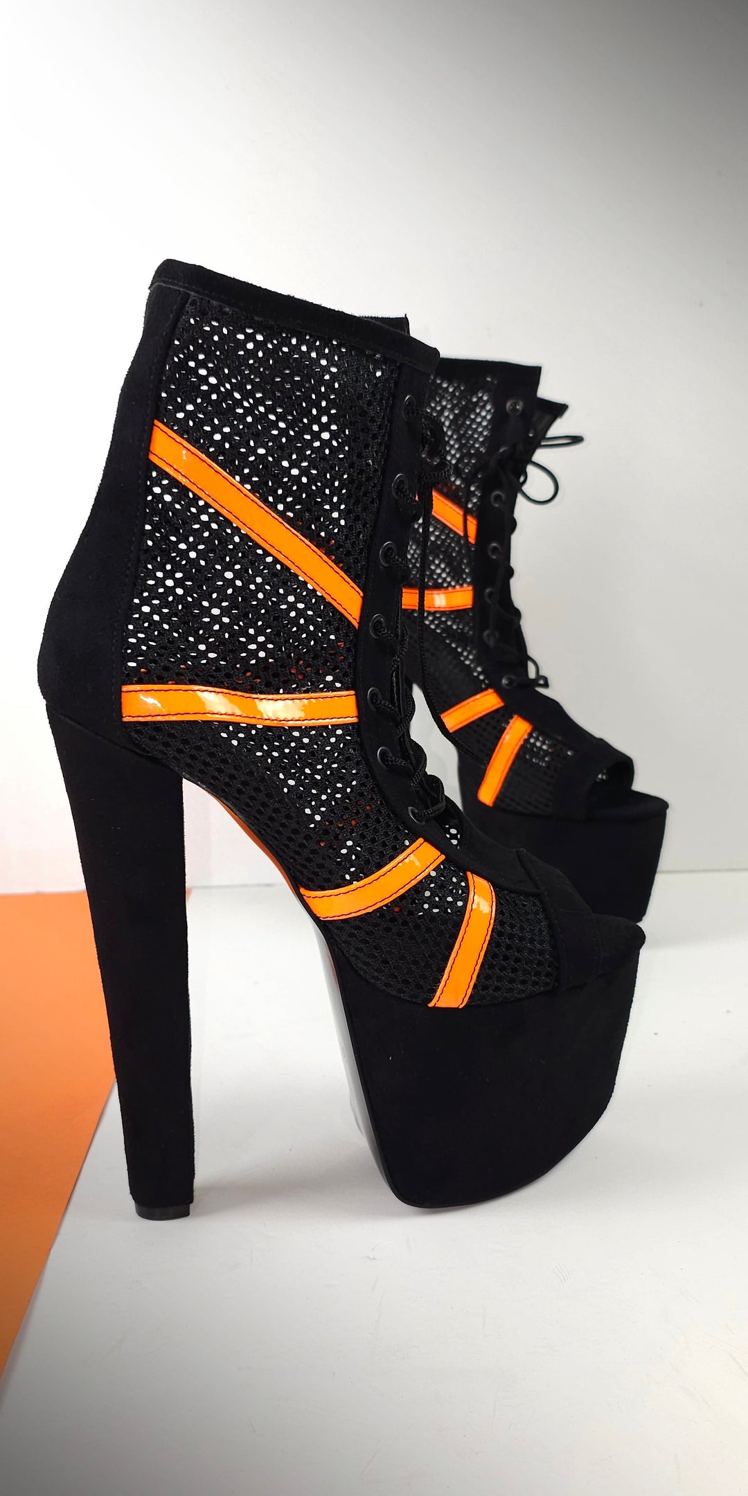 Black Orange Fishnet Platform High Heel Booties