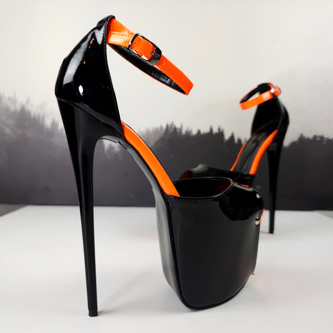 Black Gloss Orange Detail Ankle Strap High Heels