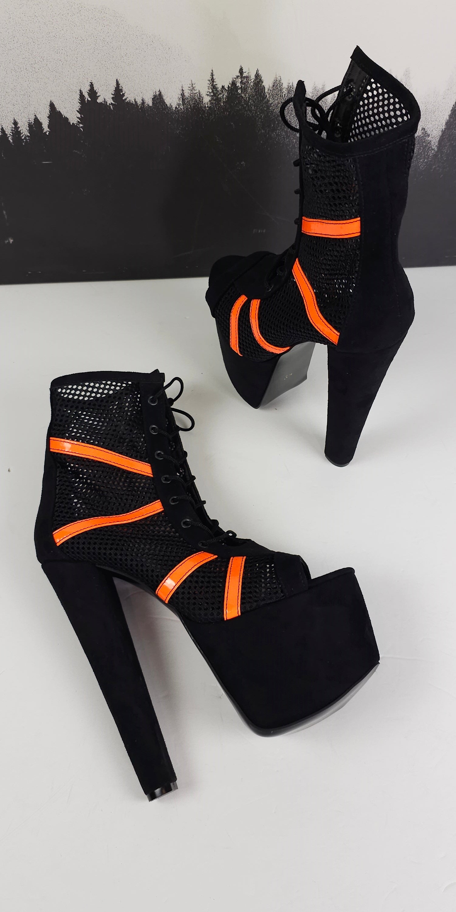 black high heels on wooden floor on Craiyon