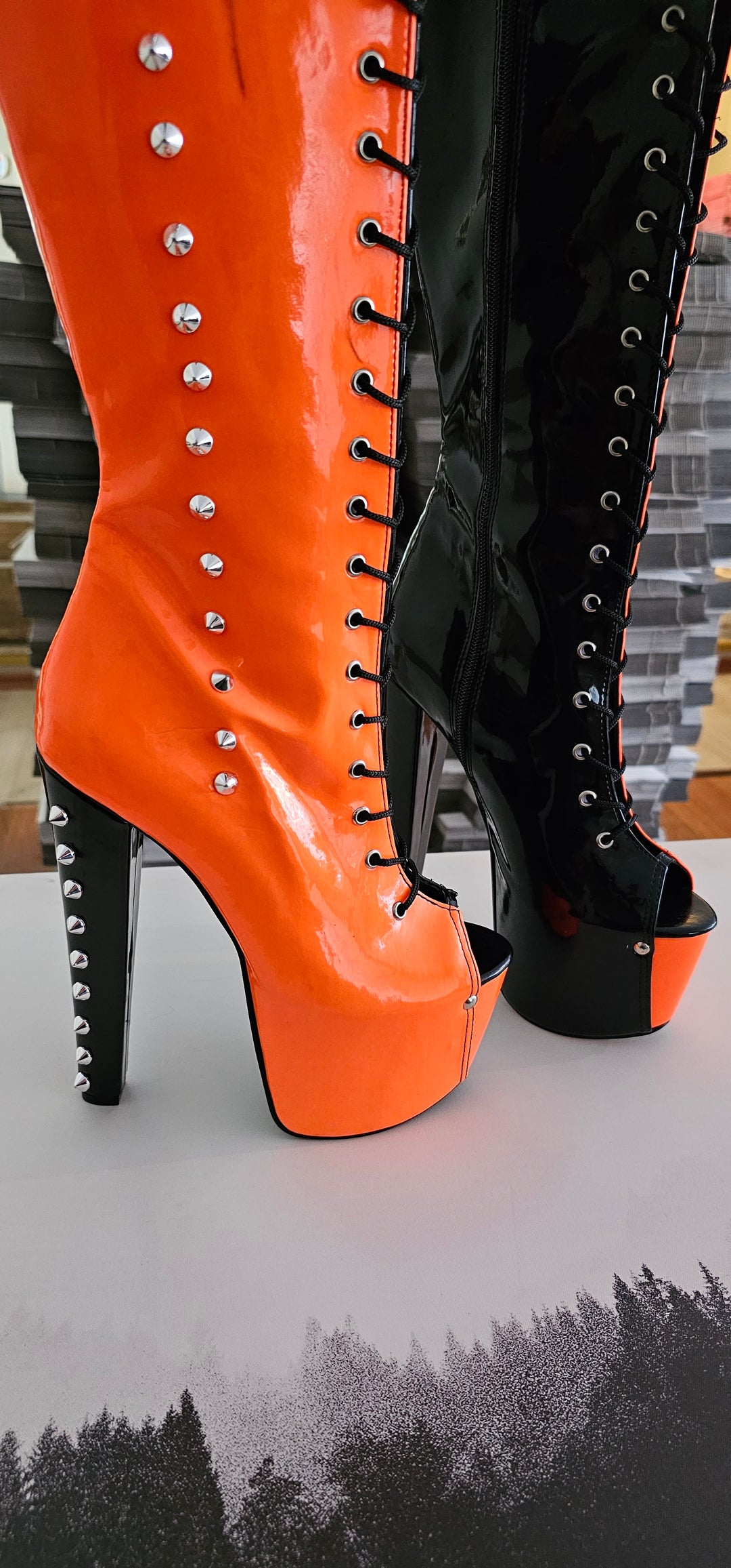 Halloween Orange Black Spiked Mid Calf Boots