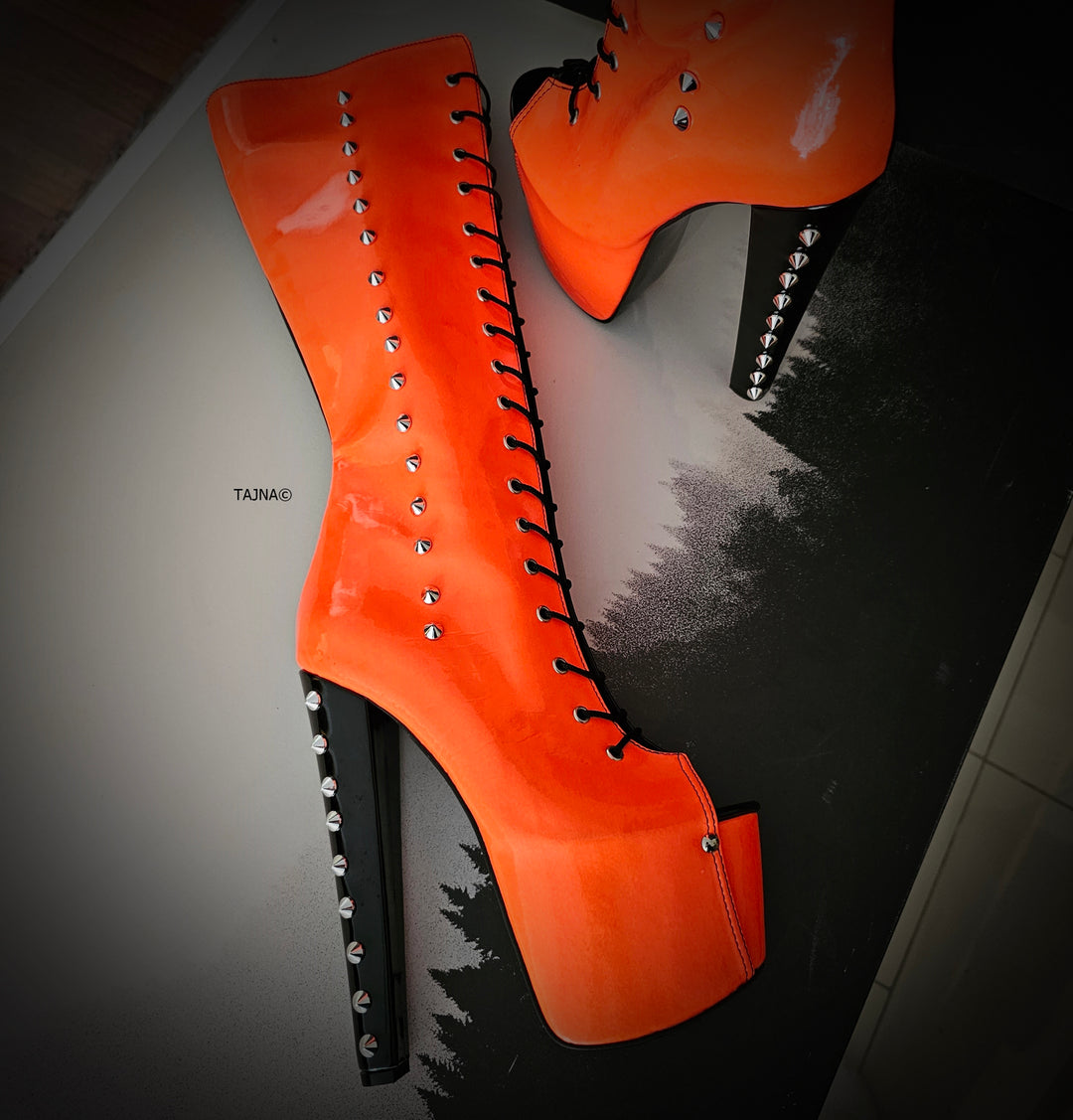 Halloween Orange Black Spiked Mid Calf Boots