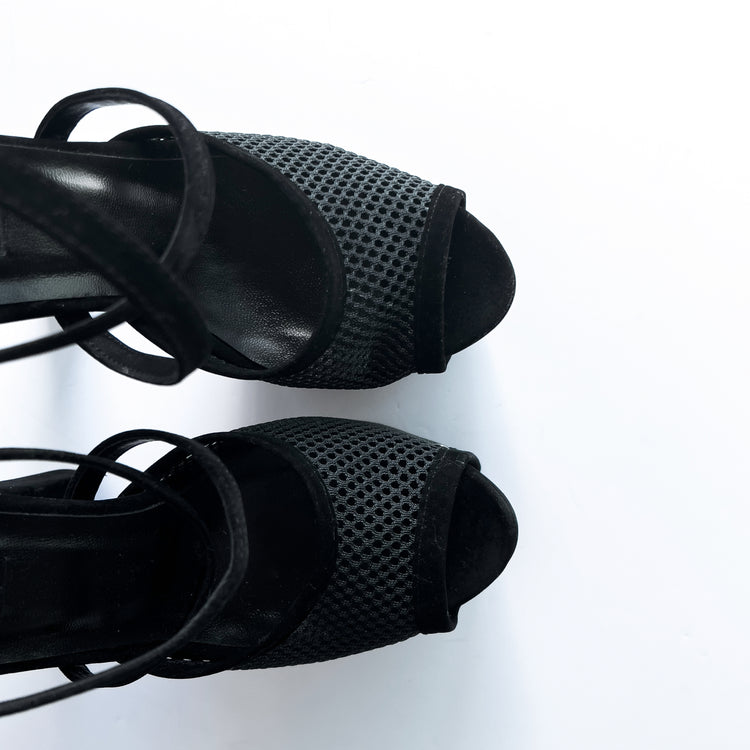Black Fishnet Mesh Strap Detail Chunky High Heels