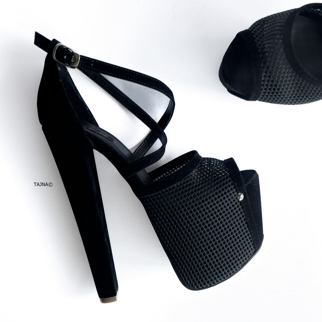 Black Fishnet Mesh Strap Detail Chunky High Heels
