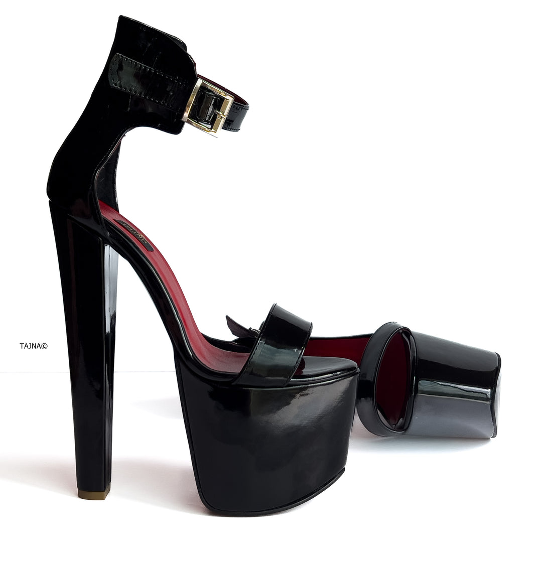 Black Gloss Belted Chunky High Heel Sandals