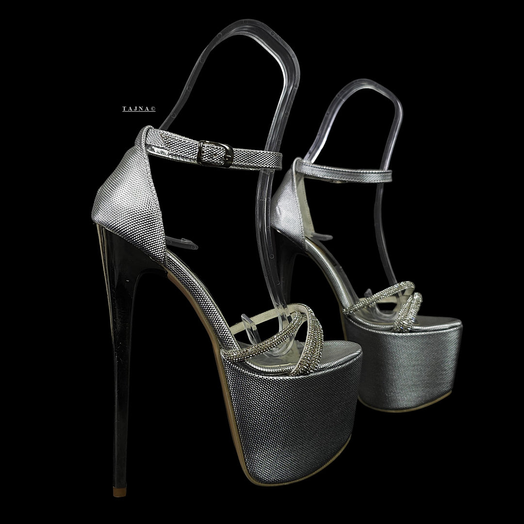 Gemstone Strap Silver Metallic High Heel Sandals