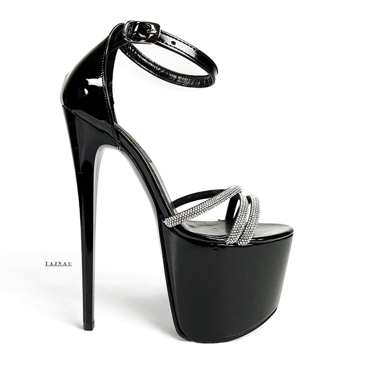 Gemstone Strap Black Gloss High Heel Sandals