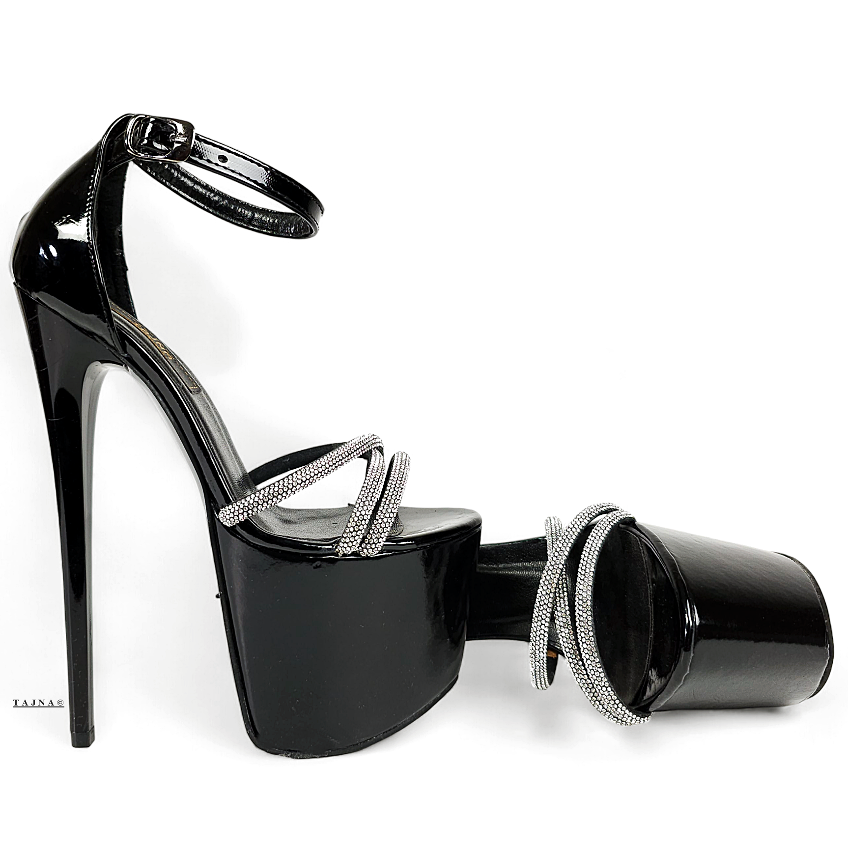 Gemstone Strap Black Gloss High Heel Sandals