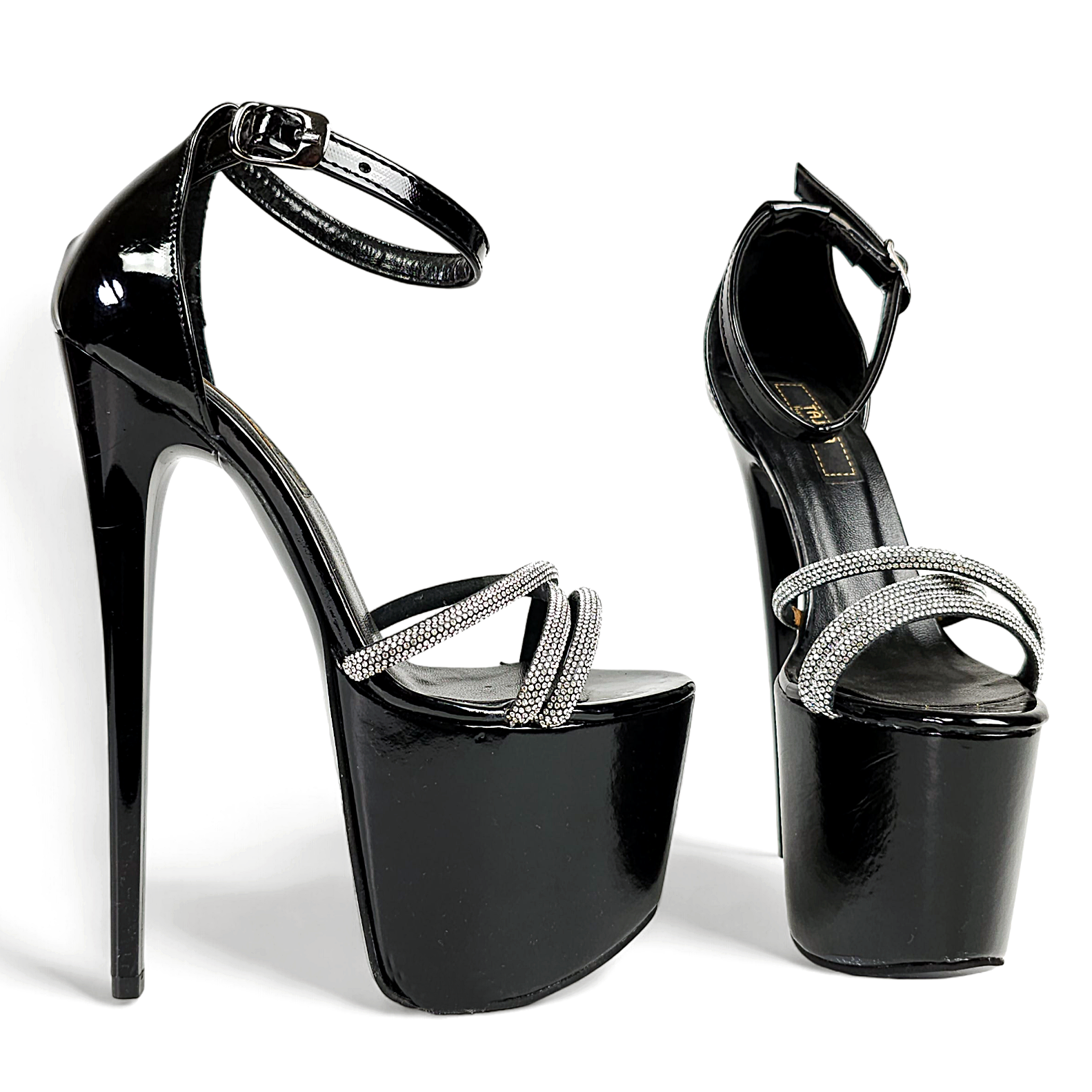 Gemstone Strap Black Gloss High Heel Sandals