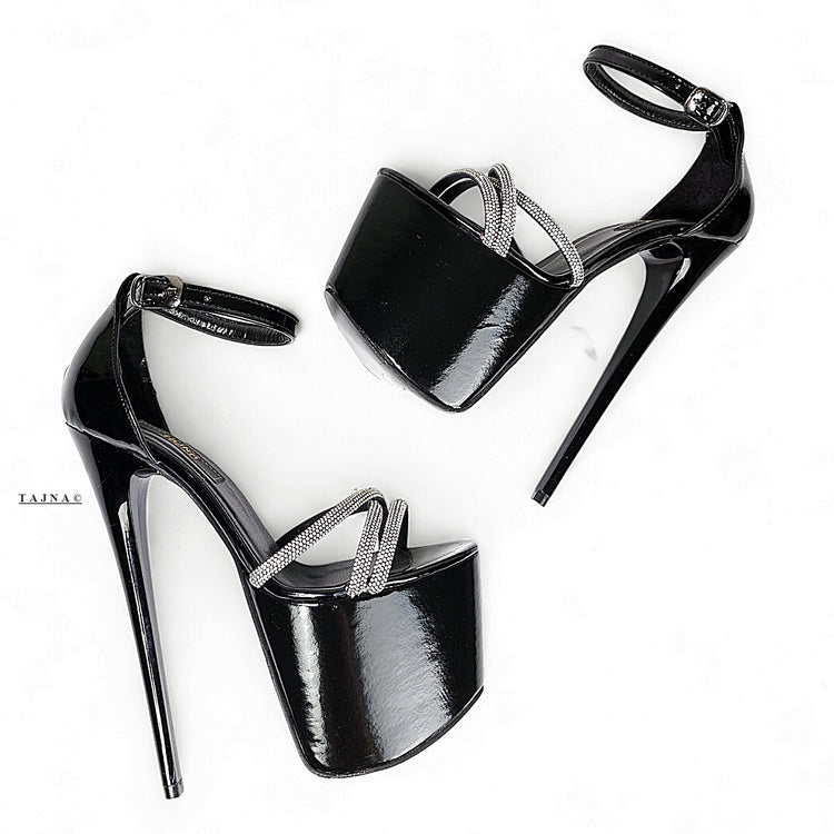 Gemstone Strap Black Gloss High Heel Sandals