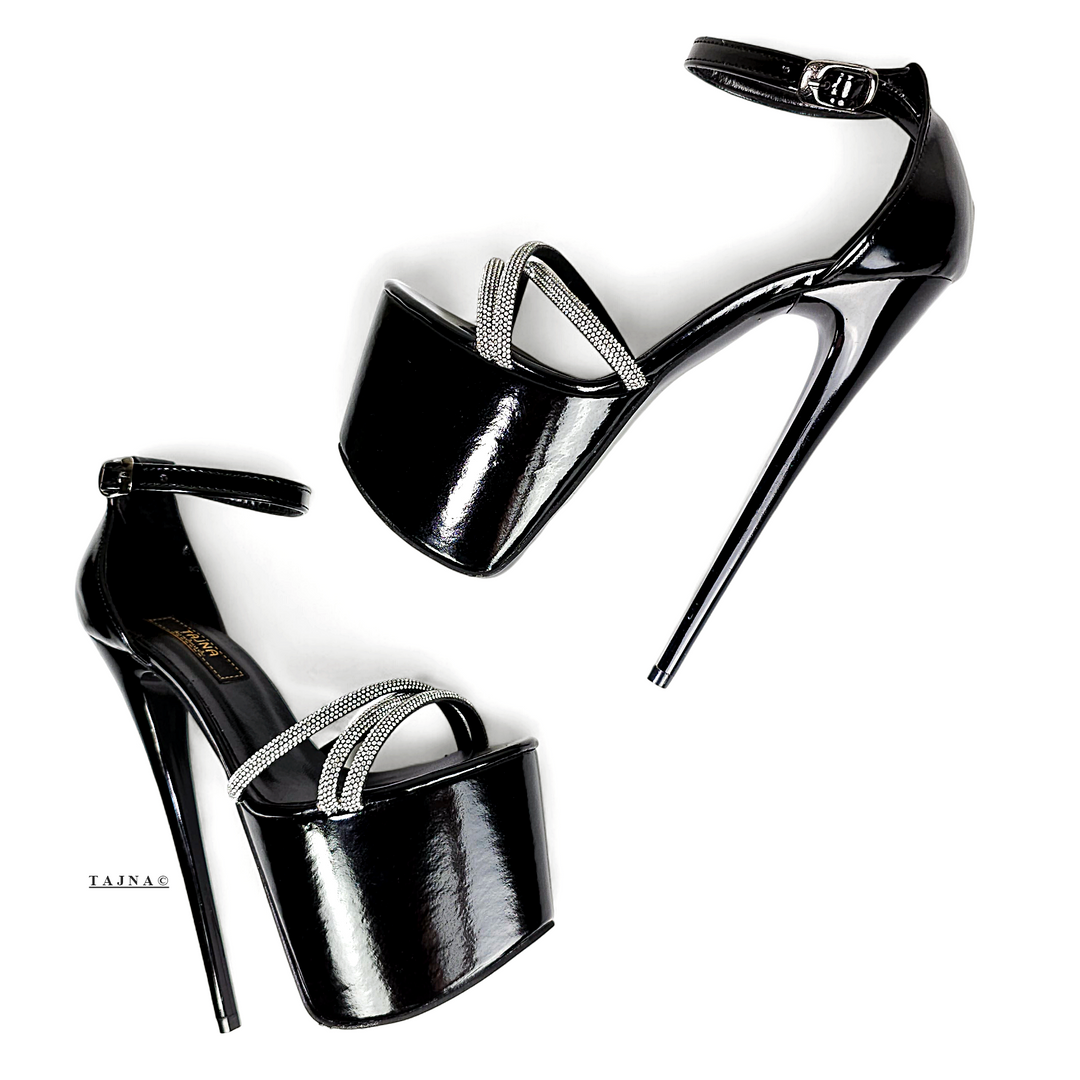 Gemstone Strap Black Gloss High Heel Sandals