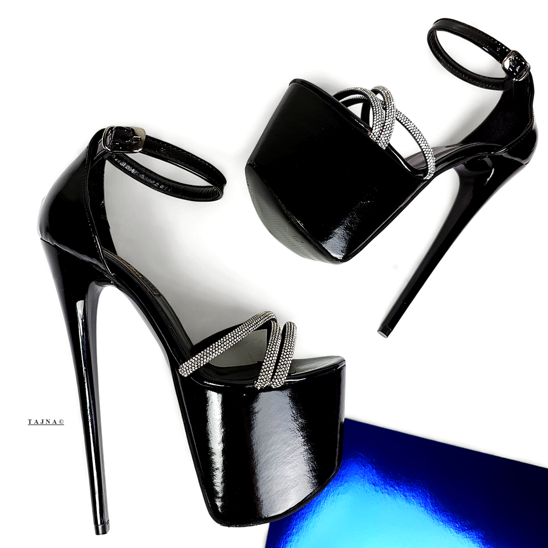 Gemstone Strap Black Gloss High Heel Sandals