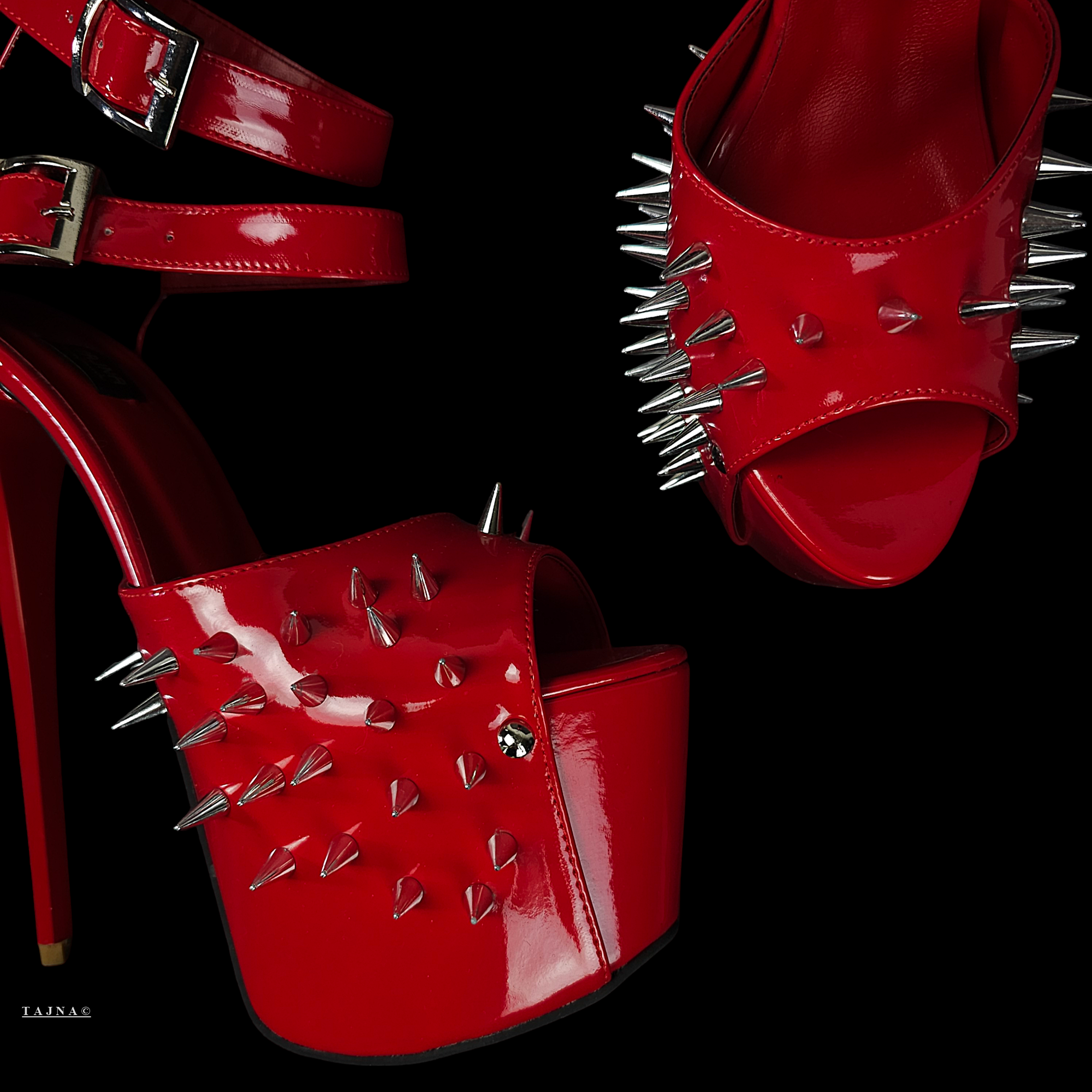 Red Gloss Double Strap Spike High Heels