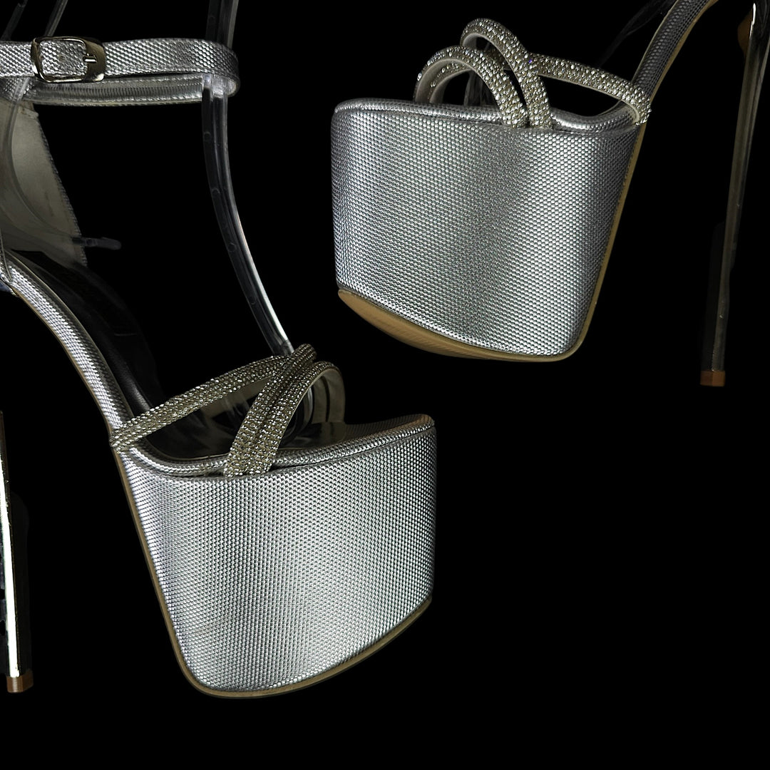 Gemstone Strap Silver Metallic High Heel Sandals