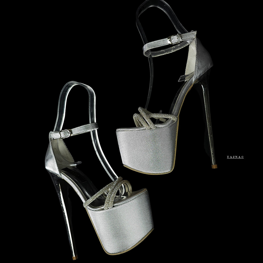 Gemstone Strap Silver Metallic High Heel Sandals