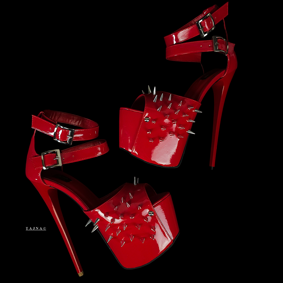 Red Gloss Double Strap Spike High Heels