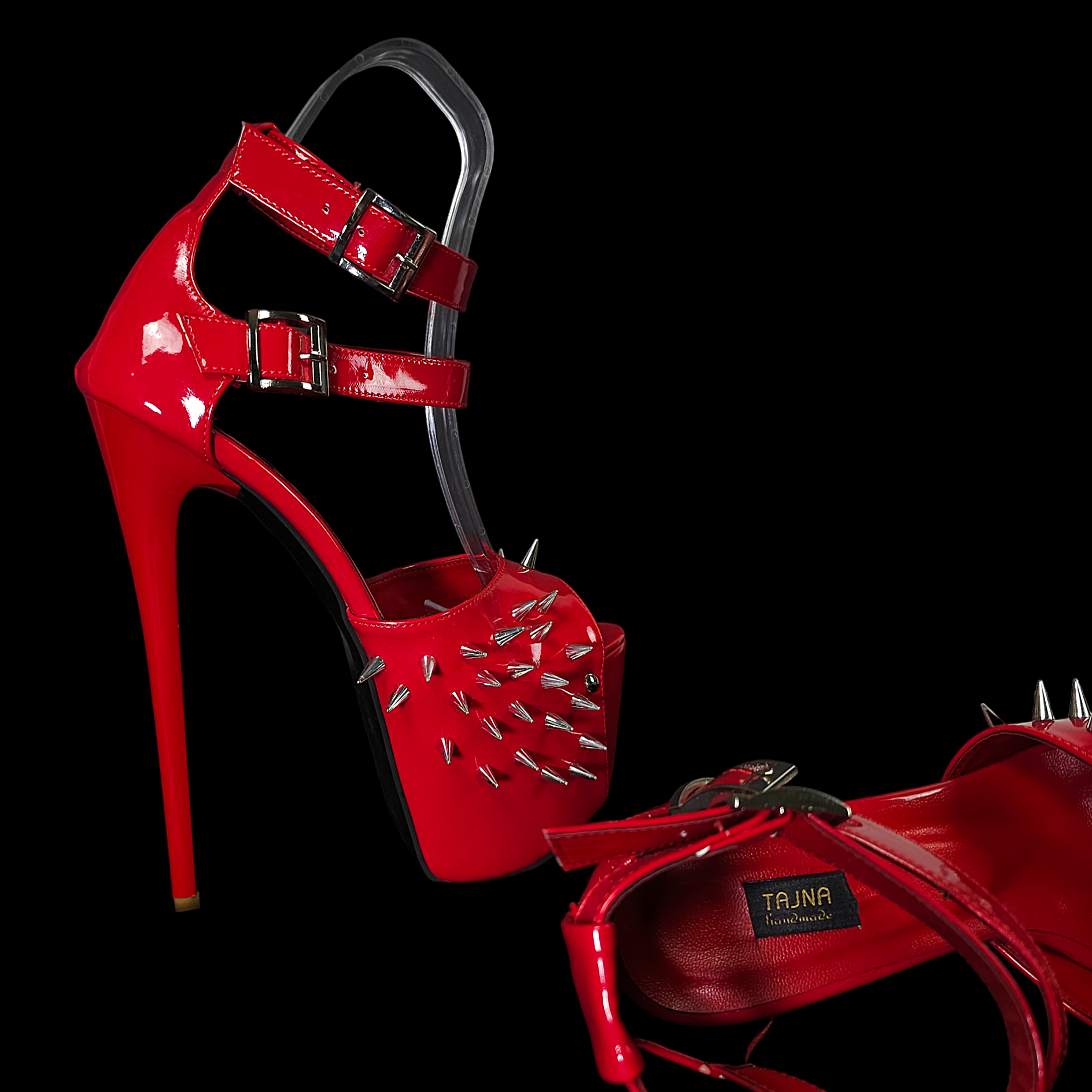 Red Gloss Double Strap Spike High Heels