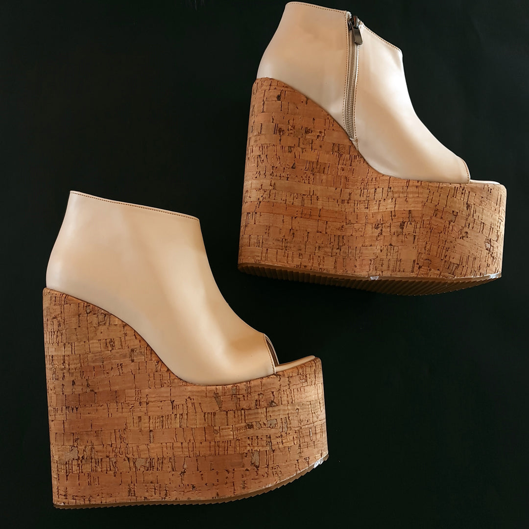 Cream Beige High Heel Platform Cork Wedges