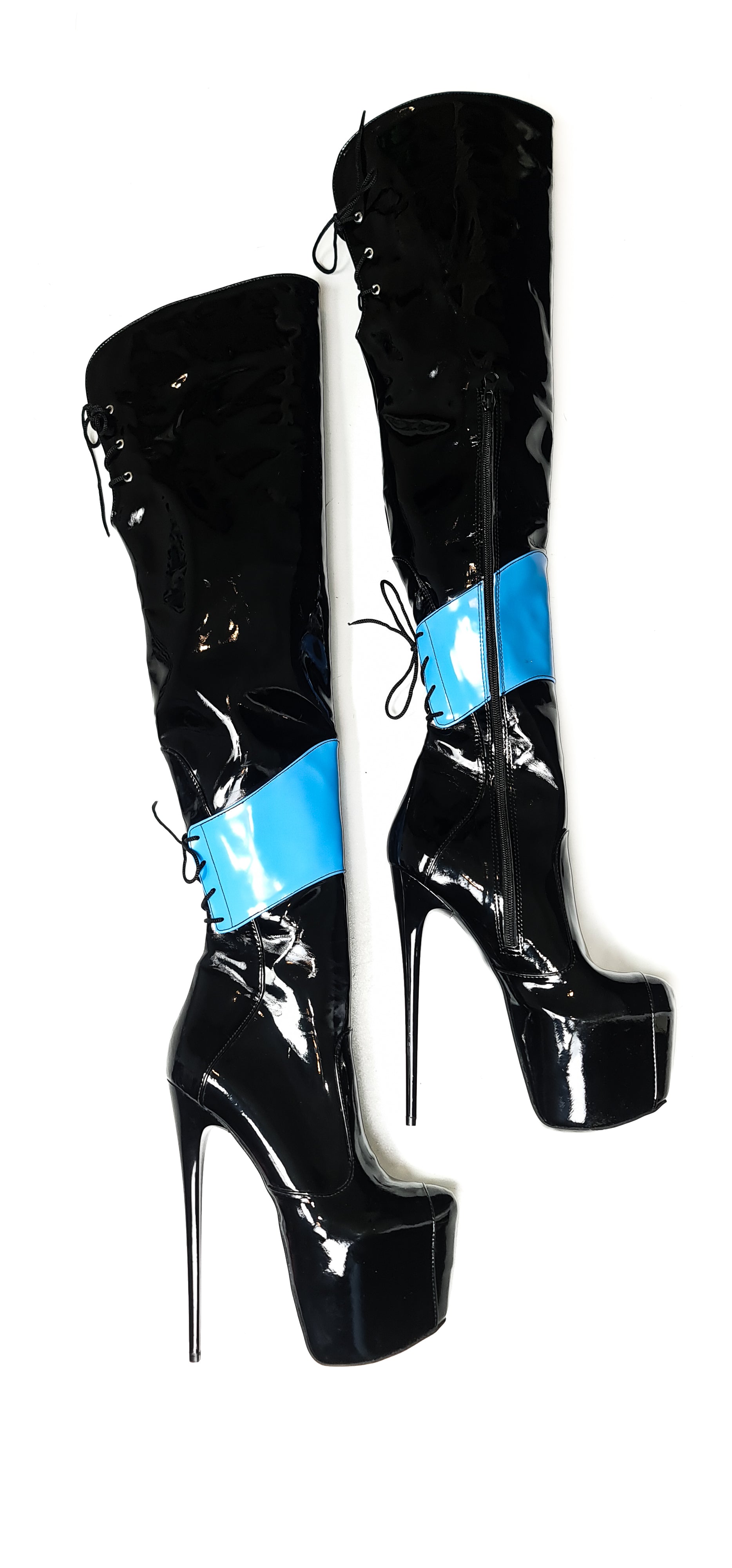 Double Colour Over The Knee Blue Black Patent Boots