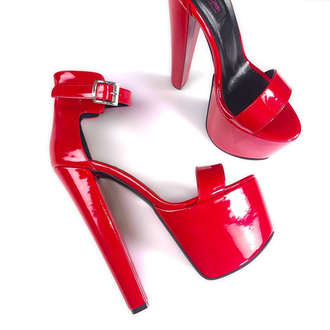 Belted Ankle Red Gloss Chunky High Heel Sandals