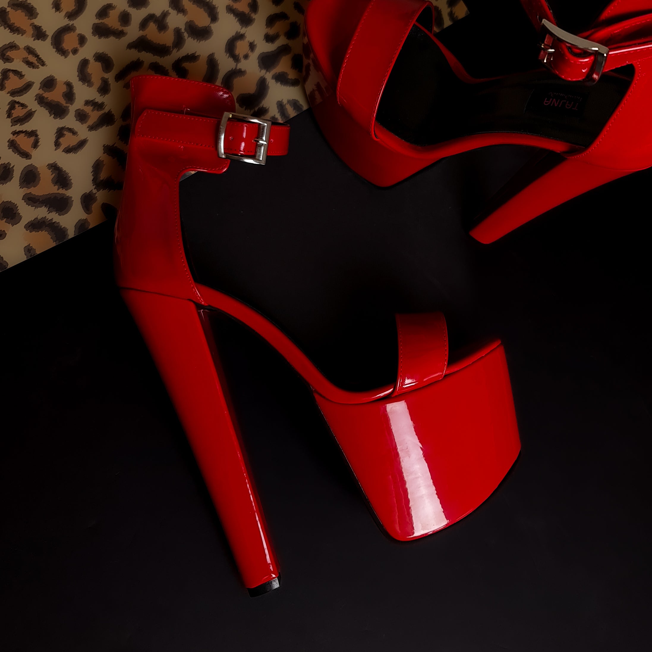 Belted Ankle Red Gloss Chunky High Heel Sandals