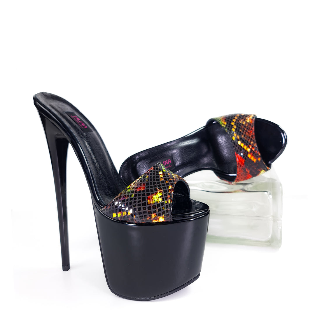 Fire Black Gloss Exotic Genuine Leather High Heel Mules